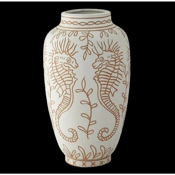 Williams Sonoma Nautical SEAHORSE VASE Aerin Carved Terracotta 12" Cachepot - Picture 1 of 5
